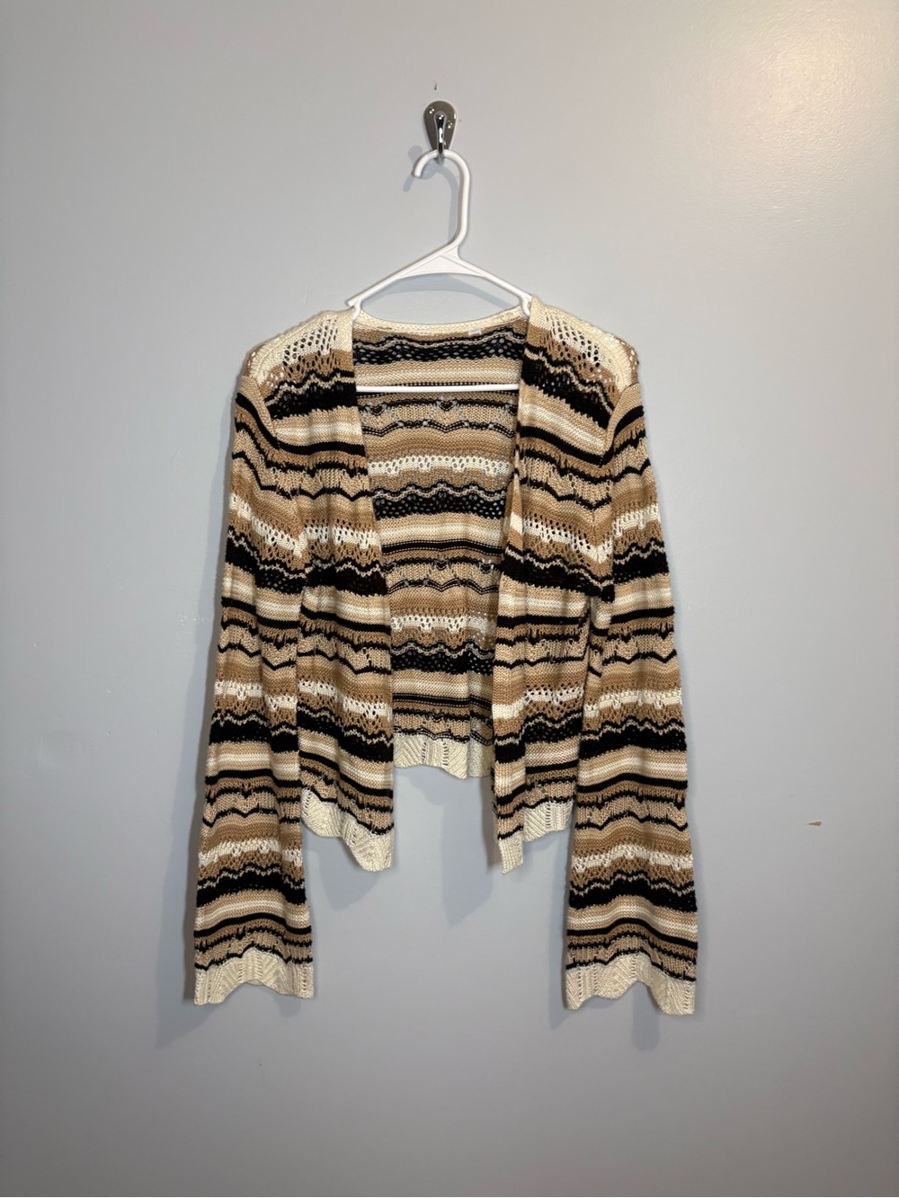Striped Open-Front Knit Sweater Cardigan Cream Brown Black Bohemian Bell Sleeve